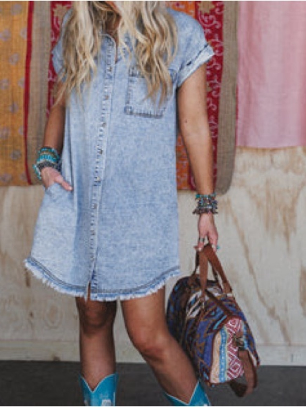 Three Bird Nest Light Wash Denim Mini Dress with Fringe